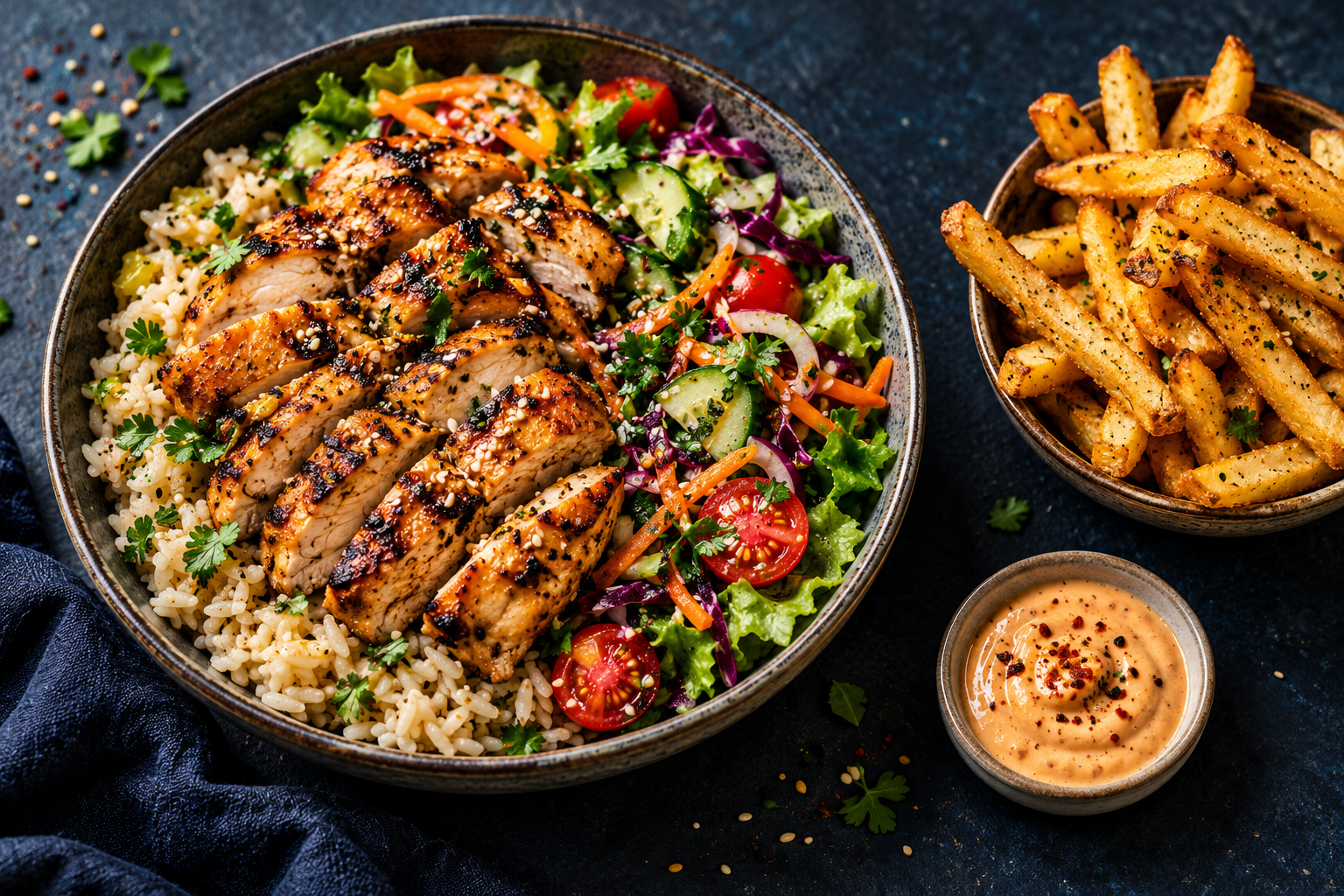 Illustrative chicken rice bowl and seasoned fries on a navy background